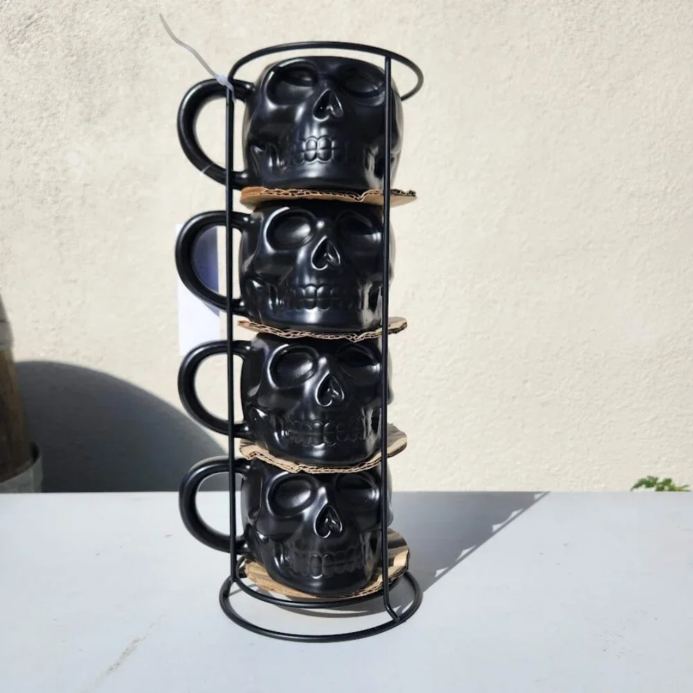 NEW Skull Mug Set of 4 Stackable Mugs Dia De Los Muertos Skulls Halloween Stonew